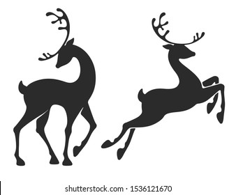 Deer collection. Stand and jumping young deers. Graceful style for Christmas and New Year festive designs. Silhouette, isolated on white background. Vector illustration.