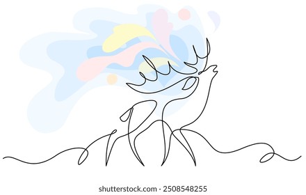 Deer with color splash. Christmas or New Year decoration. Continuous one line drawing. Contour sketch of reindeer. Modern vector illustration in minimalistic abstract style.