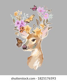 deer and colorful flower and butterflies illustration