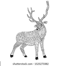 Deer coloring book for adults vector illustration. Anti-stress coloring for adult. Zentangle style. Black and white lines. Lace pattern.