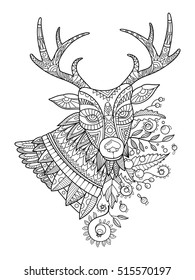 Deer coloring book for adults vector illustration. Anti-stress coloring for adult. Tattoo stencil. Zentangle style. Black and white lines. Lace pattern