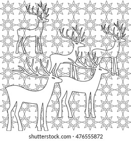 Deer coloring book page set silhouettes isolated on starry background, design for Xmas cards, banners and flyers, vector illustration isolated on white background