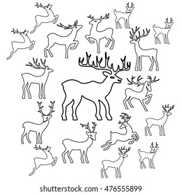 Deer coloring book page set silhouettes isolated on white background, design for Xmas cards, banners and flyers, vector illustration isolated on white background