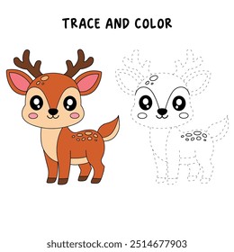 Deer coloring pages for kids. Reindeer christmas winter coloring page for kids. Trace and color deer. Coloring page animal outline of cute deer tracing worksheet. Kindergarten and preschool activity.