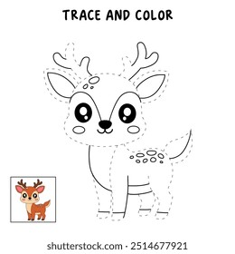 Deer coloring pages for kids. Reindeer christmas winter coloring page for kids. Trace and color deer. Coloring page animal outline of cute deer tracing worksheet. Kindergarten and preschool activity.