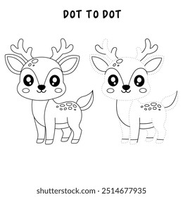 Deer coloring pages for kids. Reindeer christmas winter coloring page for kids. Trace and color deer. Coloring page animal outline of cute deer tracing worksheet. Kindergarten and preschool activity.
