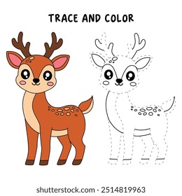 Deer coloring pages for kids. Trace and color deer. Coloring page animal outline of cute deer tracing worksheet. Kindergarten and preschool activity. Reindeer Christmas winter holiday season vector.