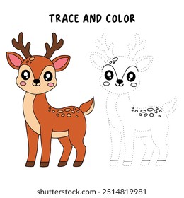Deer coloring pages for kids. Trace and color deer. Coloring page animal outline of cute deer tracing worksheet. Kindergarten and preschool activity. Reindeer Christmas winter holiday season vector.