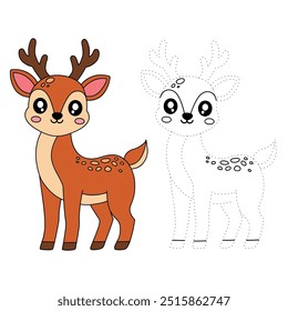 Deer coloring pages for kids. Trace and color deer. Coloring page animal outline of cute deer tracing worksheet. Kindergarten and preschool activity. Reindeer Christmas winter holiday season vector.
