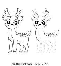 Deer coloring pages for kids. Trace and color deer. Coloring page animal outline of cute deer tracing worksheet. Kindergarten and preschool activity. Reindeer Christmas winter holiday season vector.