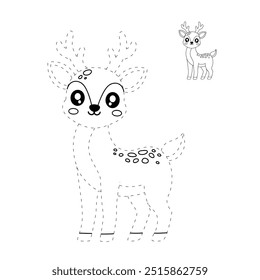 Deer coloring pages for kids. Trace and color deer. Coloring page animal outline of cute deer tracing worksheet. Kindergarten and preschool activity. Reindeer Christmas winter holiday season vector.