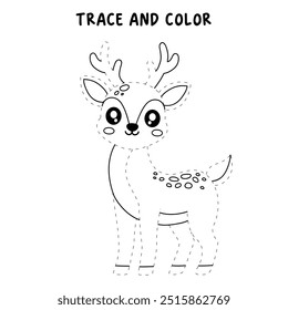 Deer coloring pages for kids. Trace and color deer. Coloring page animal outline of cute deer tracing worksheet. Kindergarten and preschool activity. Reindeer Christmas winter holiday season vector.