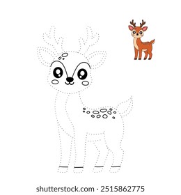 Deer coloring pages for kids. Trace and color deer. Coloring page animal outline of cute deer tracing worksheet. Kindergarten and preschool activity. Reindeer Christmas winter holiday season vector.