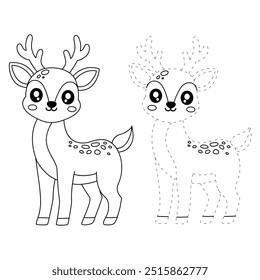 Deer coloring pages for kids. Trace and color deer. Coloring page animal outline of cute deer tracing worksheet. Kindergarten and preschool activity. Reindeer Christmas winter holiday season vector.