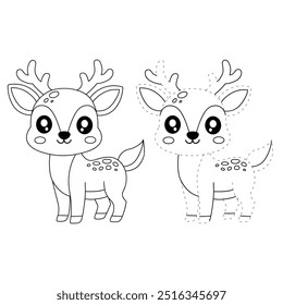 Deer coloring pages for kids. Trace and color deer. Coloring page animal outline of cute deer tracing worksheet. Kindergarten and preschool activity. Reindeer Christmas winter holiday season vector.