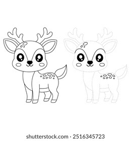 Deer coloring pages for kids. Trace and color deer. Coloring page animal outline of cute deer tracing worksheet. Kindergarten and preschool activity. Reindeer Christmas winter holiday season vector.