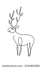 Deer in continuous line art drawing style. Cartoon reindeer black linear design isolated on white background. Vector illustration