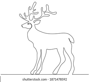 Deer continuous line for Christmas, New Year and any design projects. Continuous line drawn, modern minimalist style. Vector illustration. Black on white backround, wildlife illustration.