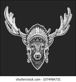 Deer Cool animal wearing native american indian headdress with feathers Boho chic style Hand drawn image for tattoo, emblem, badge, logo, patch