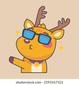deer cool face wearing  sunglasses cartoon character in outline flat vector design