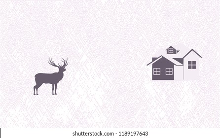 Deer, country house - abstract gray-pink background - flat style - vector Winter vacation.