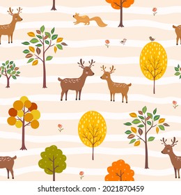Deer couple fall in love when autumn is coming,cute cartoon animals seamless pattern,vector illustration