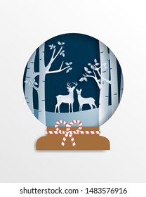 Deer couple in forest in paper cut style. Winter landscape with snow field in Christmas and winter season. Vector illustration design, poster, banner, wallpaper, backdrop.