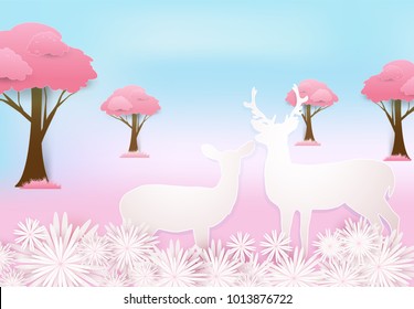 Deer couple and pink floral in meadow paper art style, Valentine concept paper craft style illustration