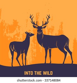 Deer couple silhouettes standing on forest background with concept text. Vector illustration