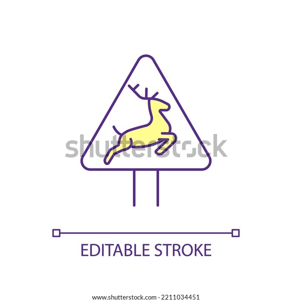 Deer crossing road sign RGB color icon. Warning\
signage. Watch for wildlife at highway. Prevent car accident.\
Isolated vector illustration. Simple filled line drawing. Editable\
stroke. Arial font used