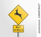Deer Crossing Signs: vector illustration of yellow road signs indicating deer crossing for the next 10 miles