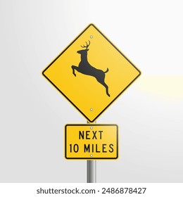 Deer Crossing Signs: vector illustration of yellow road signs indicating deer crossing for the next 10 miles