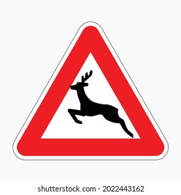 Deer crossing traffic warning sign vector drawing. Color graphics of traffic regulation sign.

