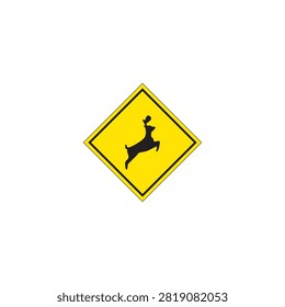 Deer crossing warning sign isolated on white background, yellow diamond traffic symbol indicating wildlife crossing ahead for road safety and driver awareness