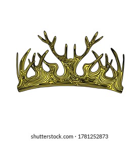 Corona de ciervos. Canciones de venados. Elemento de casa de Baratheon de la partida de tronos. corona dorada con cuernos aislados de fondo blanco.