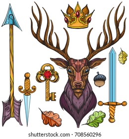 Deer, crown, arrow, dagger, sword and key. Collection decorative design elements isolated on white background for tattoos, printing on T-shirts and other items.