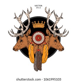 Deer with crown and dream catcher. vector illustration