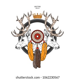 Deer with crown and dream catcher. vector illustration