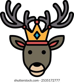 A deer with a crown on its head. The deer is wearing a crown and has a regal look about it