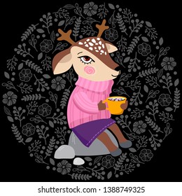 deer with a Cup of coffee with marshmallows sitting on a stone in a cozy sweater . The ornament of the branches of the leaves of flowers form a circle.Artwork for phone case ,sweatshirt, t-shirt,fabri