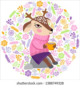 deer with a Cup of coffee with marshmallows sitting on a stone in a cozy sweater . The ornament of the branches of the leaves of flowers form a circle.Artwork for phone case ,sweatshirt, t-shirt,fabri