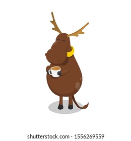 Deer with cup of tea. Elk drinking coffee. Isolated image i cartoon style. Vector illustration