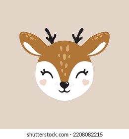 Deer cute boho portrait ,poster logo kids room decor t-shirt design print winter.Perfect for greeting card, poster, invitation, print design, baby shower, t-shirt logo. Children’s illustrations. Wild
