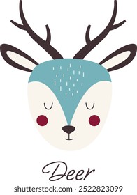 Deer cute cartoon portrait, poster for kids room and cute t-shirt design.