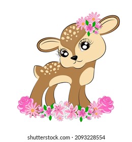 Deer cute character valentine's day greeting card with cartoon deer bambi characters with flowers t-shirt textile print gift wrapping decoration cute childrens illustration Vector illustration