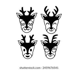 deer cute face head animal happy smile cartoon character icon vector design simple black white illustration collections sets