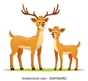 Deer with cute fawn cartoon illustration