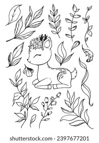 Deer cute flowers wreath sitting graphic outline plants flora elements leaf leaves flowers branches logo kids room decor t-shirt design print nursery black eyes nose little art room decor wall design