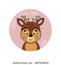 Venado. Curiosa pegatina o etiqueta de animales dibujada a mano. Dibujo de dibujos animados. Ilustración vectorial para impresión: tarjeta, pancarta, afiche, ropa de bebé, pegatina, elementos interiores para vivero.