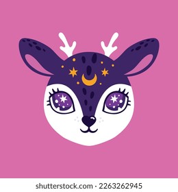 Deer cute magic portrait ,poster logo kids room decor t-shirt design print moon face portrait magic kids room decor moon power violet purple girl t shirt design nursery tattoo star eyes little eye